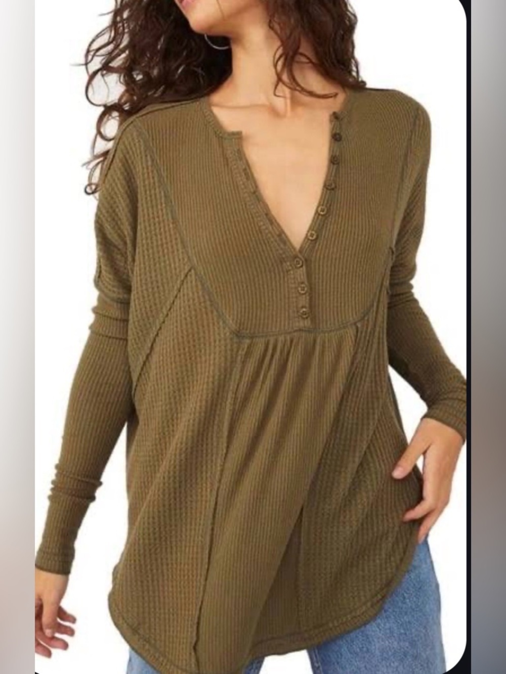 FREE PEOPLE Leo Henley M Olive Button-Front Women's Long Sleeve Top